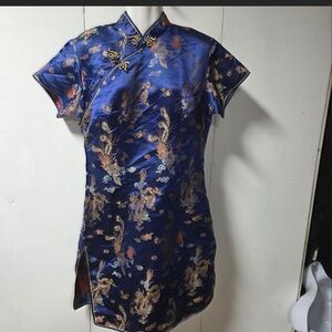 Blue Satin Embroidered Short Qipao Mini Dress
